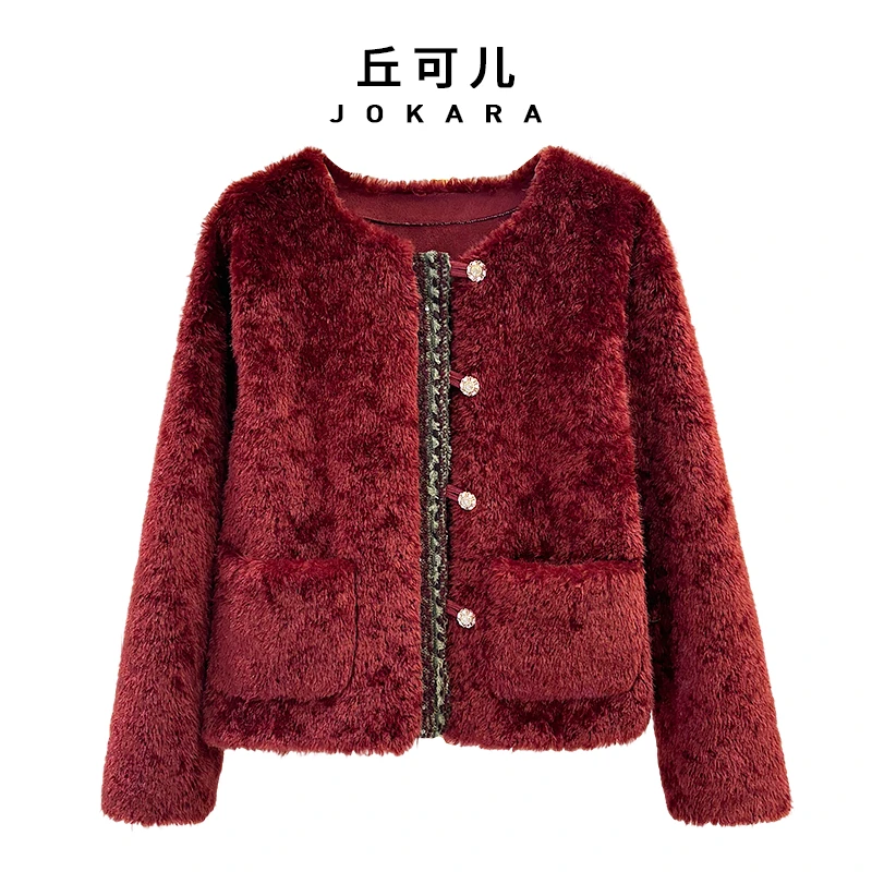 Jokara/丘可儿【红蕴雅】中式圆领加厚外套保暖皮毛一体短款上衣