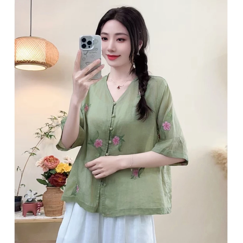 雪儿 复古100支苎麻刺绣衬衫禅意茶服绣花V领宽松上衣1536