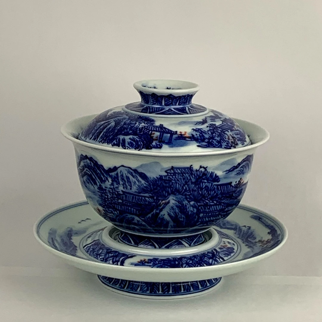 景德镇手工手绘柴窑段志军老师三才山水盖碗口径10.6容量160