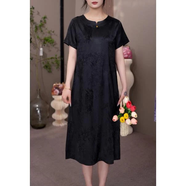 2119【黑色花萝】圆领直筒遮肚子连衣裙