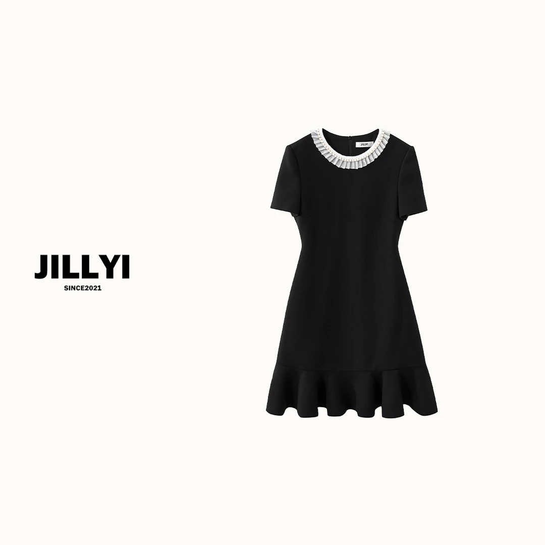 jillyi【优雅撞色】黑色圆领拼接白色蕾丝领口时尚百搭气质连衣裙