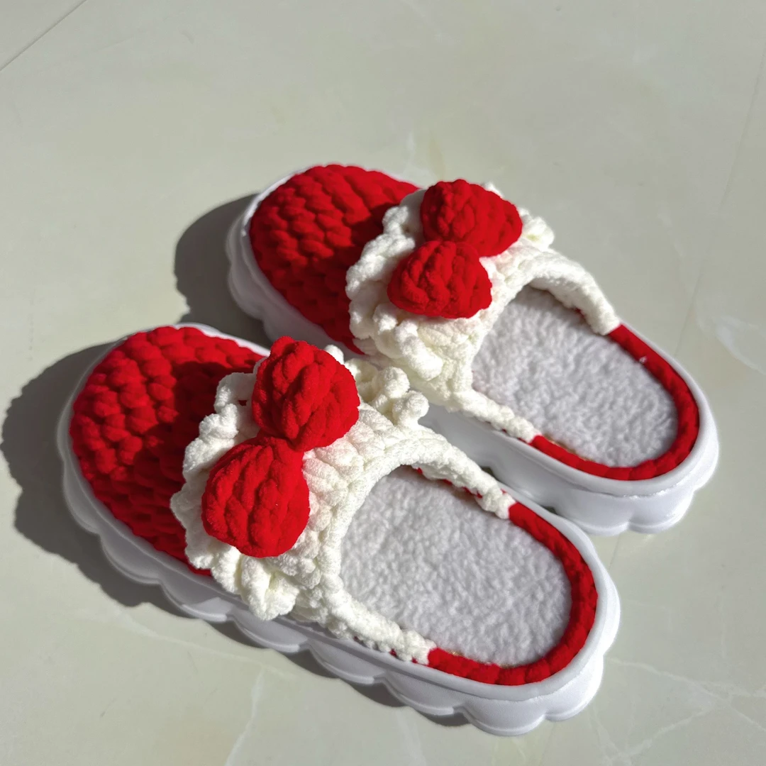 手工编织蝴蝶结拖鞋柔软防滑家居保暖毛线钩织