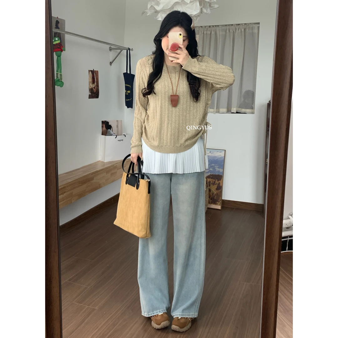 QINGYUS-蛋糕芭蕾~宽松圆领微胖显瘦大码女装长袖气质春季两件套