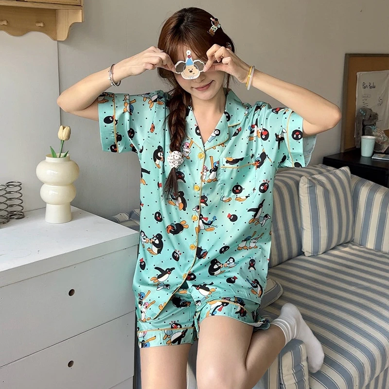 2024春夏新款薄荷绿色企鹅短袖短裤冰丝睡衣卡通可爱家居服可外穿