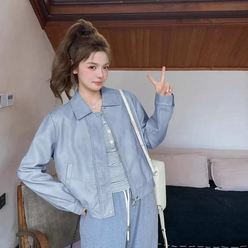 蓝色甜美减龄甜酷风显瘦皮衣夹克上衣女春新款小个子休闲短款外套