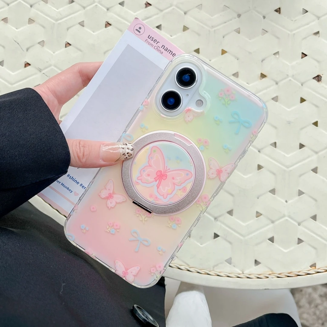晕染蝴蝶碎花适用苹果16手机壳iPhone16ProMax新款支点磁吸苹果1