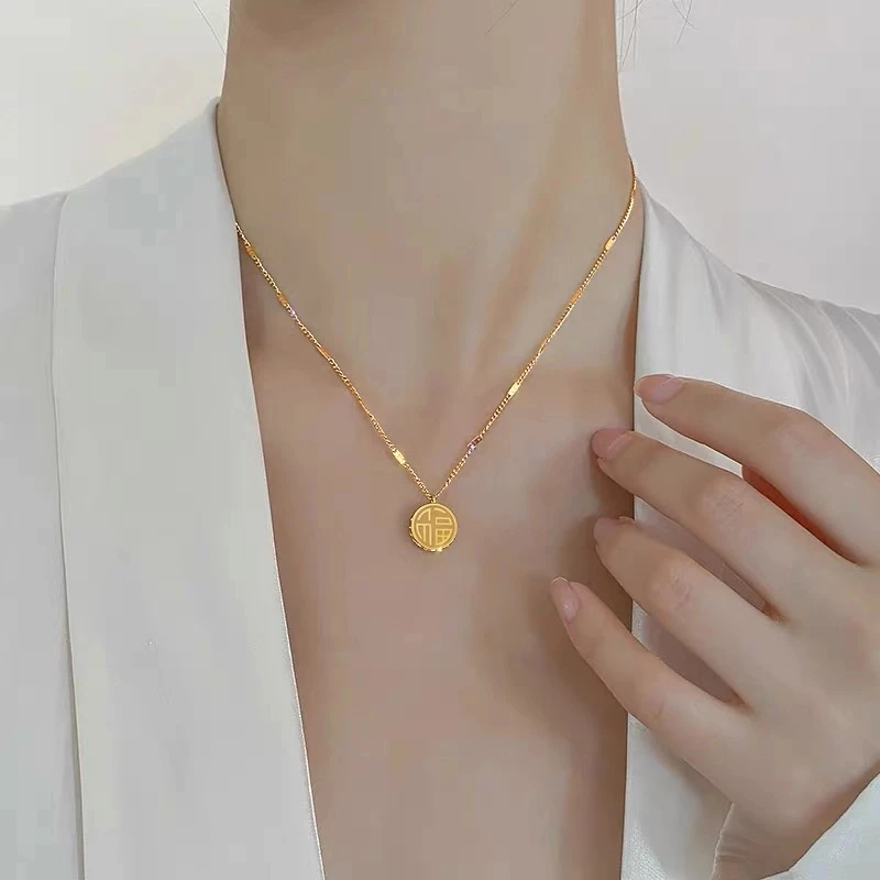 钛钢项链 福字喜字双面锆石项链 钛钢材质不掉色