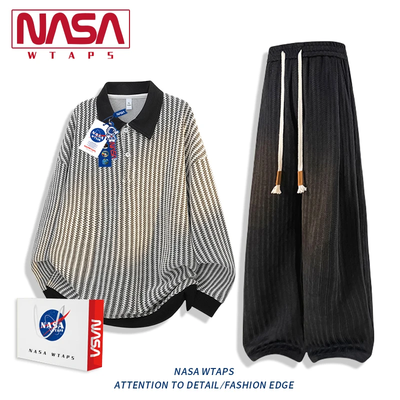 NASA WTAPS老钱风美式针织条纹卫衣套装男秋季新款长袖长裤两件套