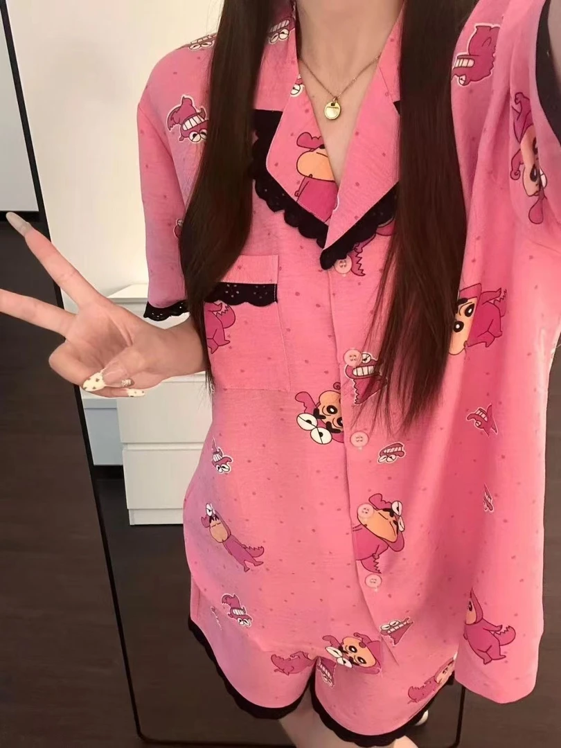 【草莓味小新】睡衣女夏季新款蕾丝花边蜡笔小新短袖短裤家居服