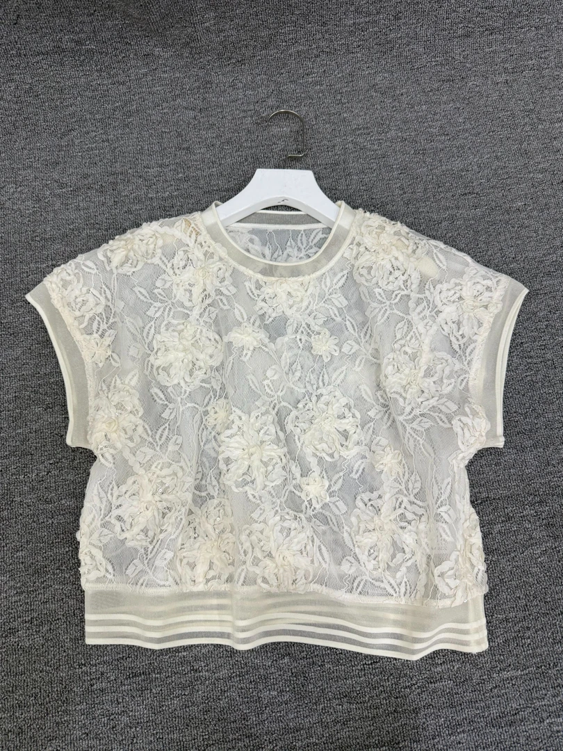 92577#法式镂空蕾丝上衣2025夏季薄款