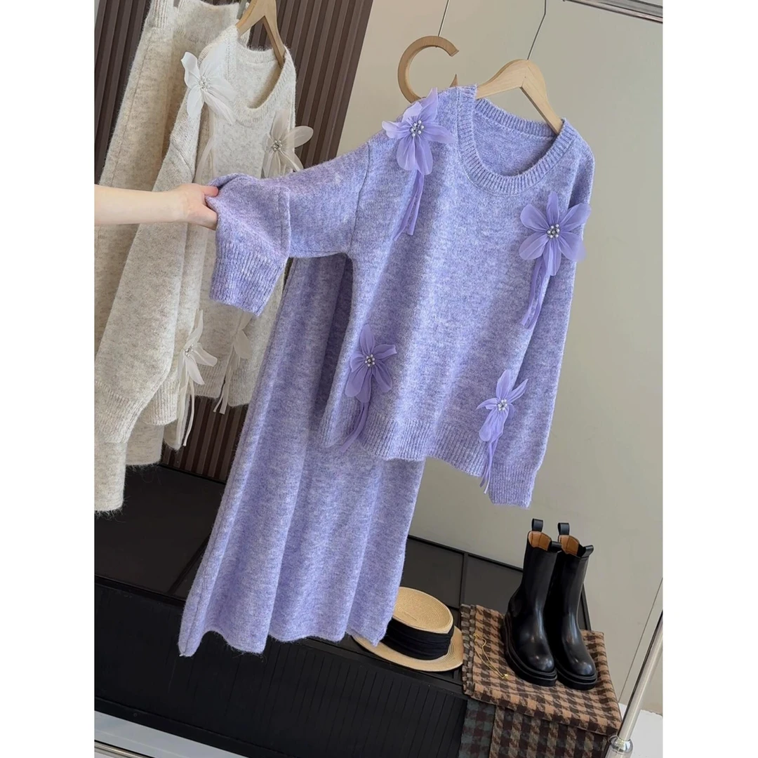 秋冬设计感立体花朵针织上衣+半身裙时尚套装