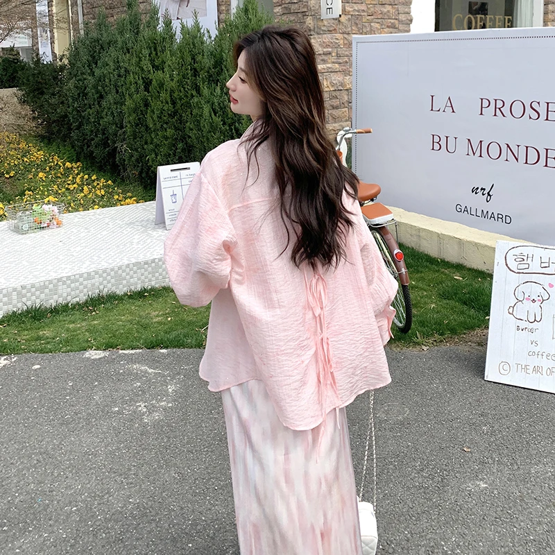 度假风粉色衬衣吊带连衣裙女套装2025春新款气质温柔风时尚两件套