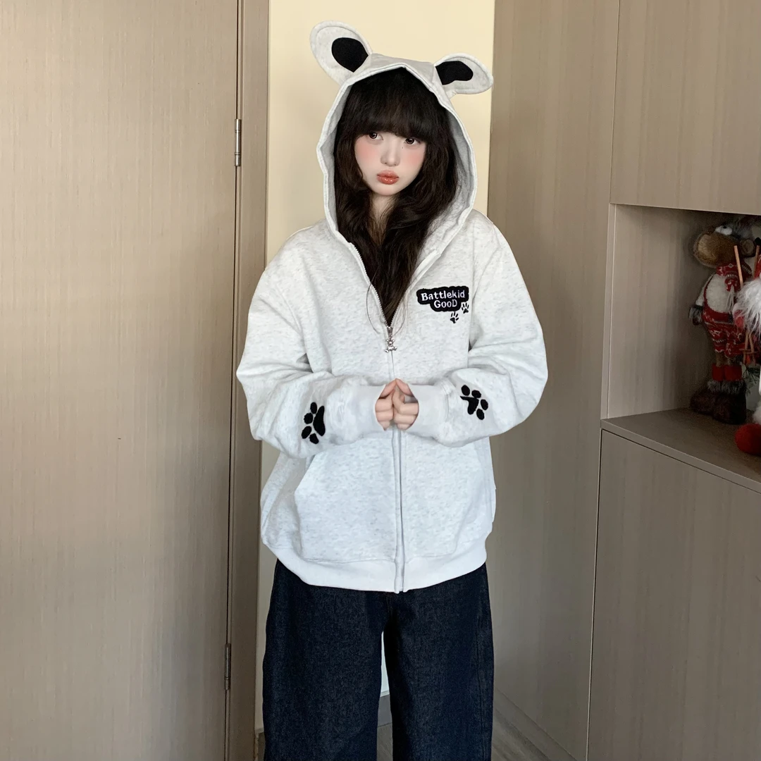 EZEK春季新款2025美式复古兔耳朵刺绣连帽外套可爱小众设计感开衫