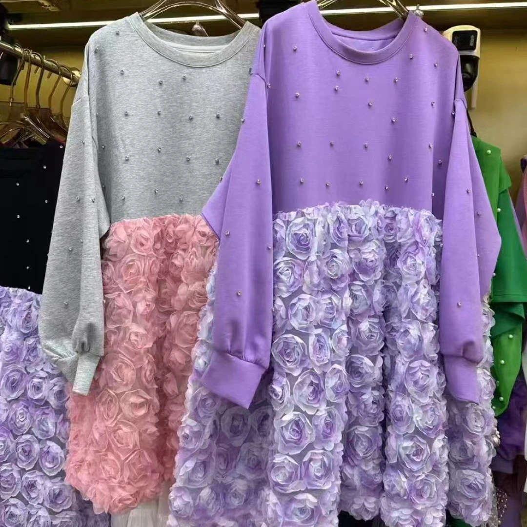 刘媛媛潮牌 实拍705网纱玫瑰花水钻仙女大版甜美显瘦减龄连衣裙