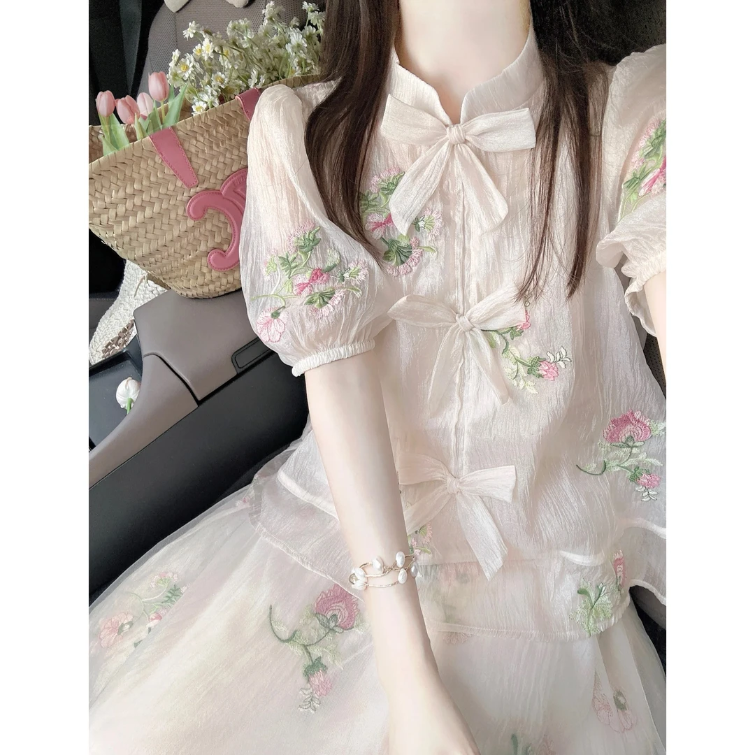 新中式国风玫瑰刺绣拼接蕾丝衬衫夏季女2025复古雪纺立领长袖衬衣
