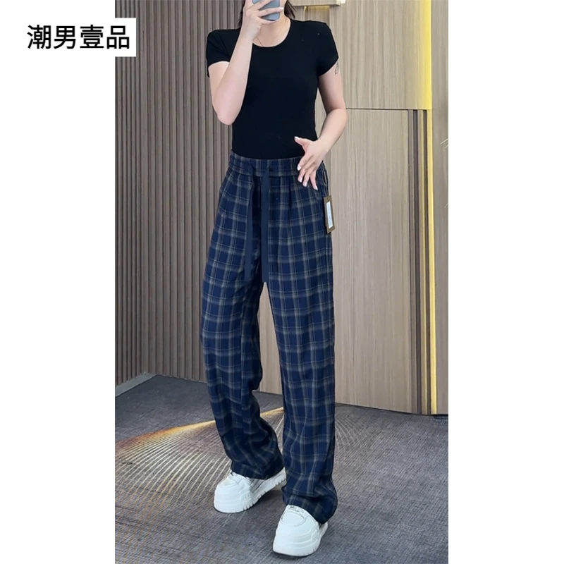 美式复古深蓝色格子裤子男款夏季宽松慵懒风阔腿裤直筒休闲微喇裤