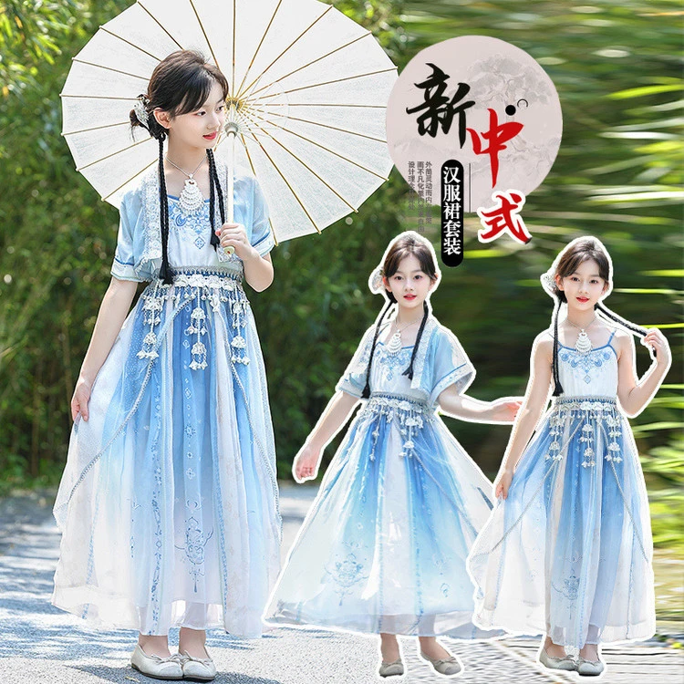 夏天儿童女童汉服裙子学生中国风连衣裙童装夏季套装唐装古装夏装