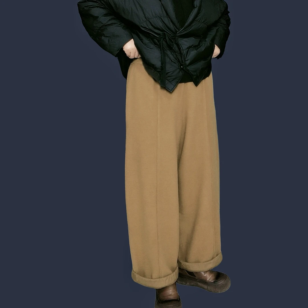 秋冬新款羊毛棉混纺柔软亲肤松紧腰宽松空气裤百搭休闲阔腿裤