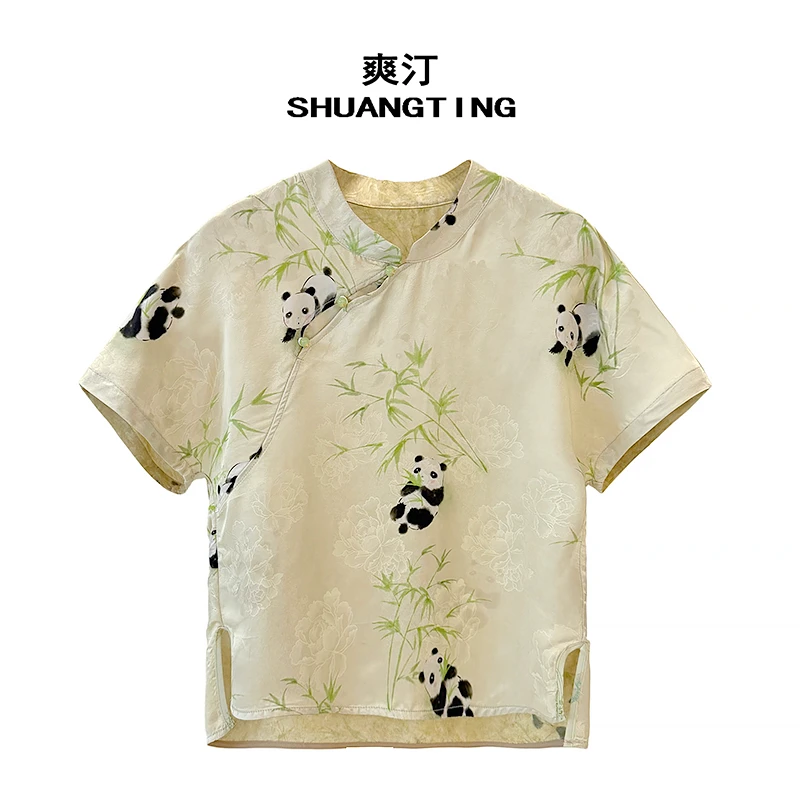 Jokara/丘可儿【岁寒深】新中式国风竹子熊猫斜襟气质短袖立领T恤夏