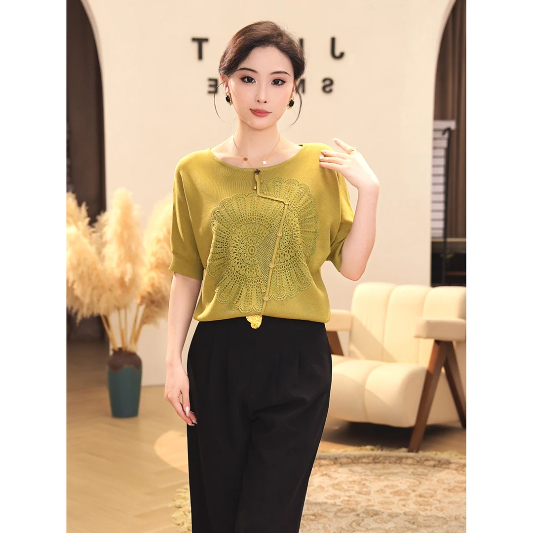 现货2025年夏季新款【ZM-X797】女装薄款绿色曲珠冰麻冰丝针织上衣