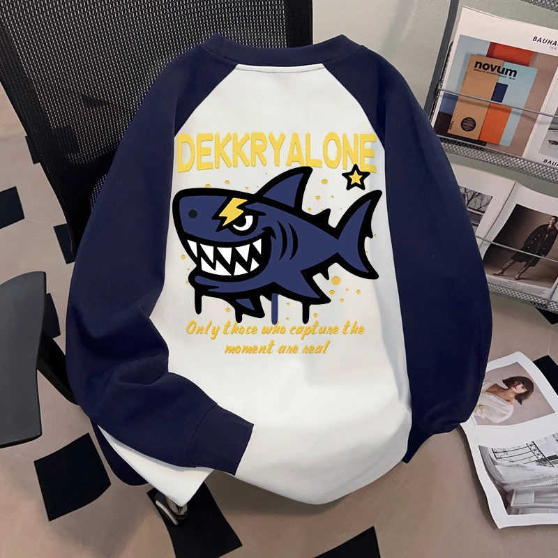 Dekkry秋冬重磅纯棉插肩长袖男女款潮流趣味鲨鱼印花宽松t恤上衣