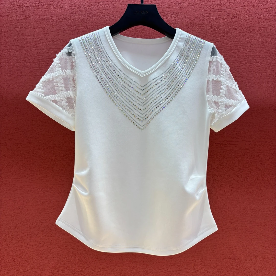 【网纱袖】24年夏季新款小V领烫钻领收腰女士气质网纱袖T恤