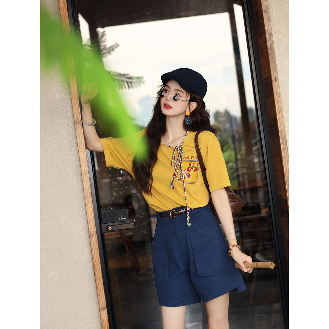 陈大器【勾勒日落】复古港风刺绣夏季短袖T恤休闲宽松上衣JP1666199