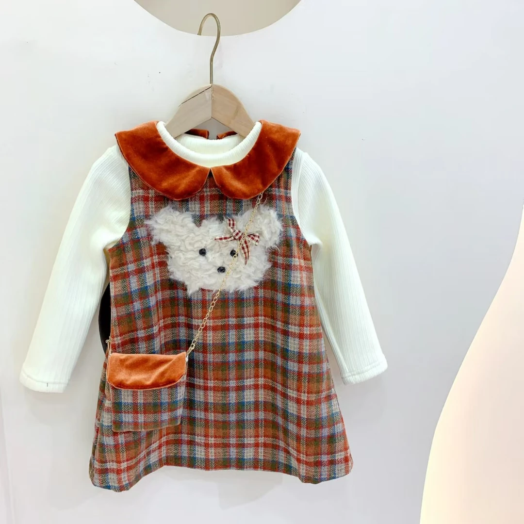 241853 女童冬季卡通小熊加绒加厚休闲百搭长袖连衣裙套装