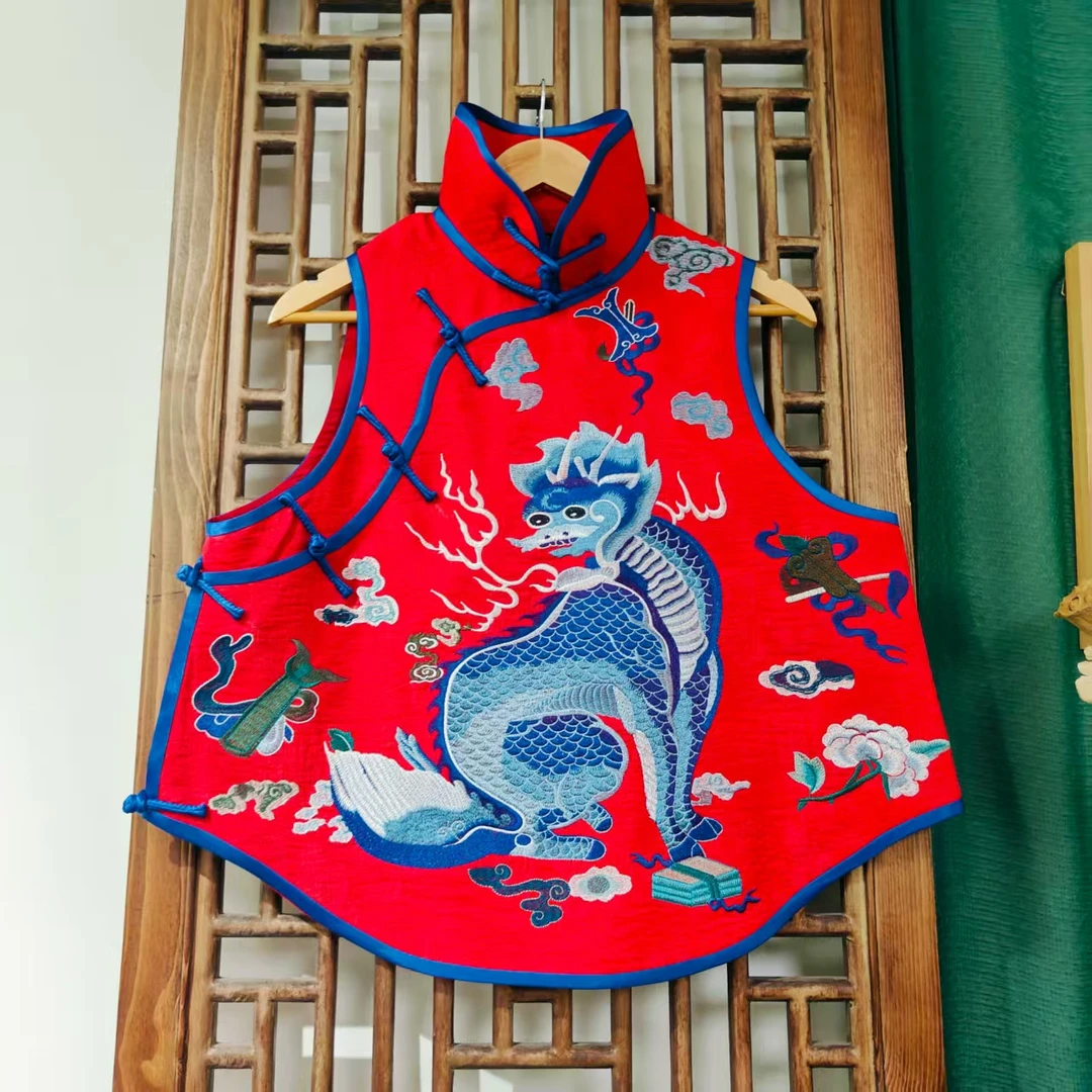 （LS629-14）凤徕兮私人定制红色福禄底蓝麒麟刺绣花盆领盘扣马甲