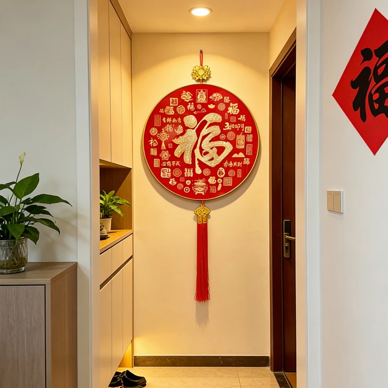 百福字玄关装饰画新中式客厅餐桌边圆形挂画入户正对门壁画H1