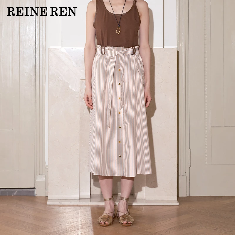 【新品】REINEREN设计师任茜2025夏复古条纹松紧褶皱腰头A型半裙