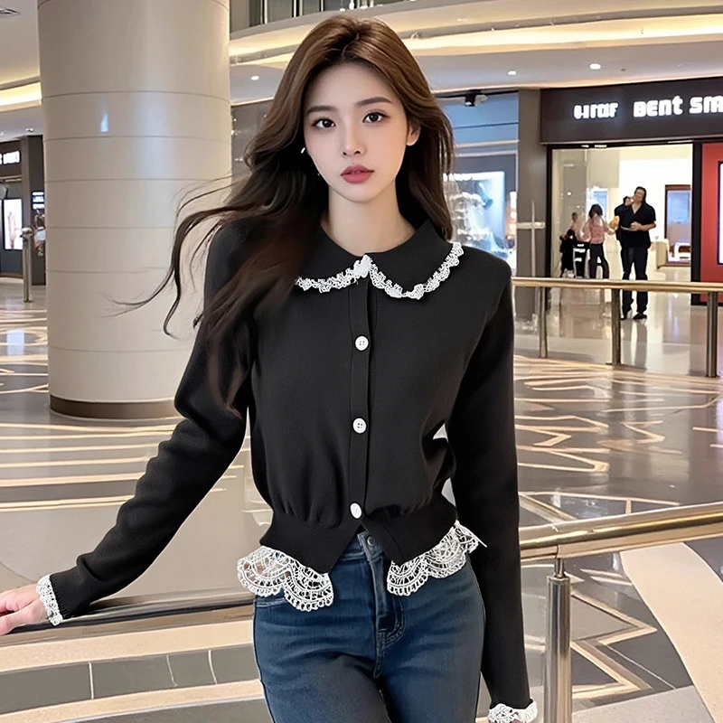韩系复古拼接蕾丝边翻领毛衣外套女秋冬新款设计感气质针织开衫潮
