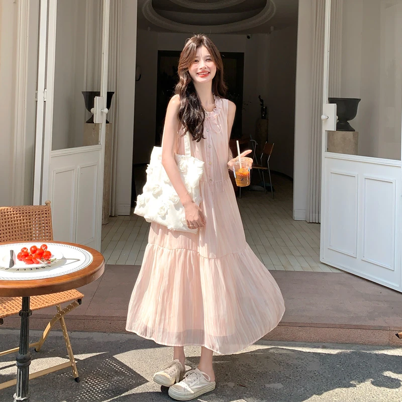 木耳边温柔系粉色连衣裙2025夏季新款气质法式浪漫风盐甜系仙女裙