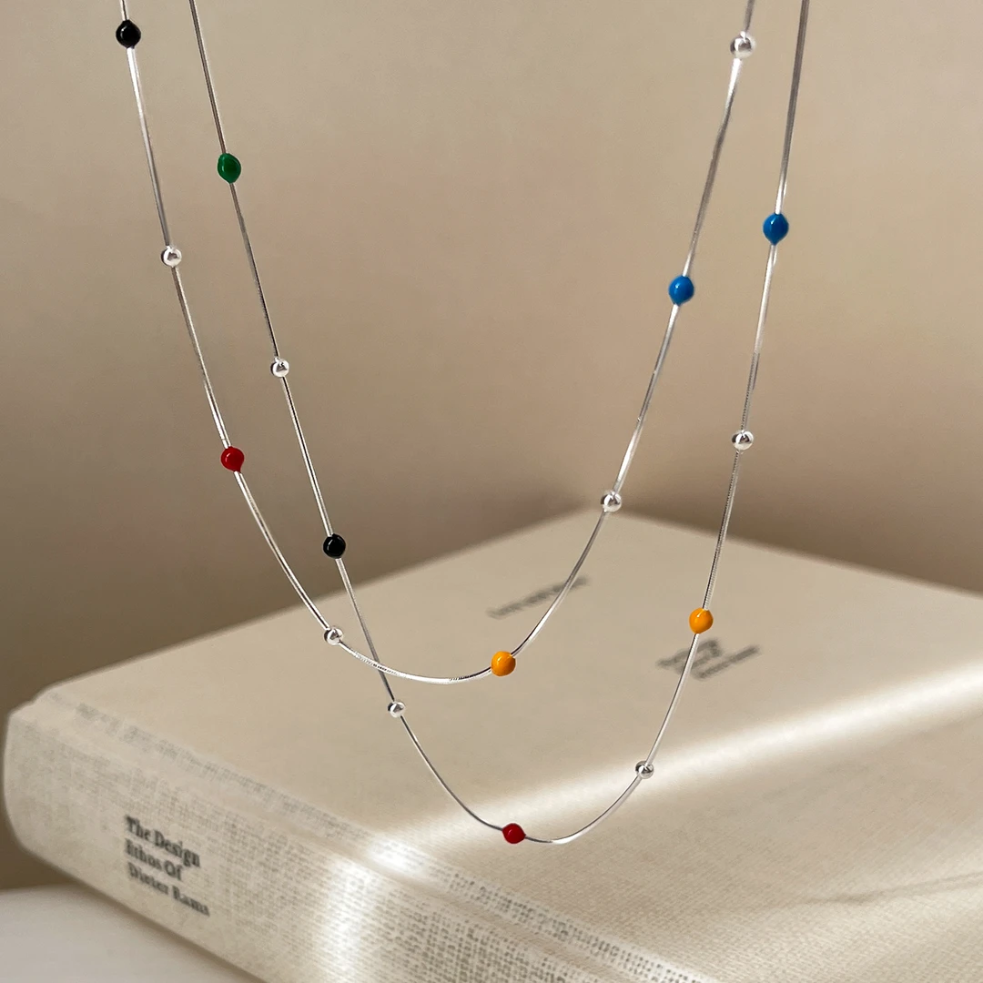 坠链均925银 925纯银多巴胺彩豆项链设计感时尚小众气质锁骨链女