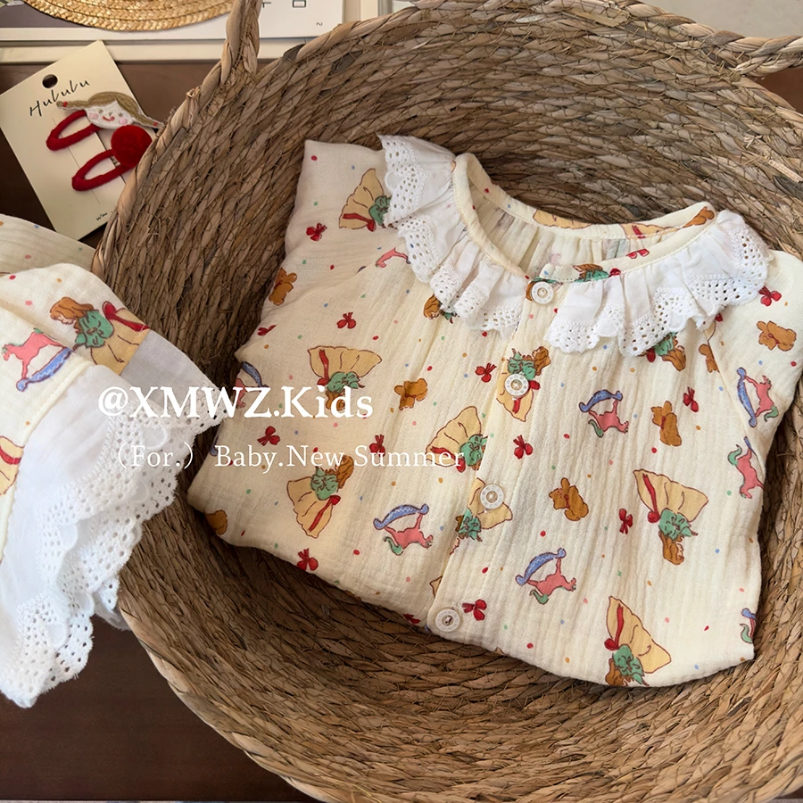 H童装女童2025春夏新款100%全棉a类套装宝宝空调服睡衣长袖两件套