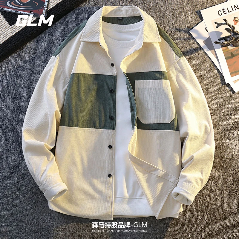 GLM拼接撞色衬衫男士春秋季潮流青少年宽松休闲帅气百搭长袖外套