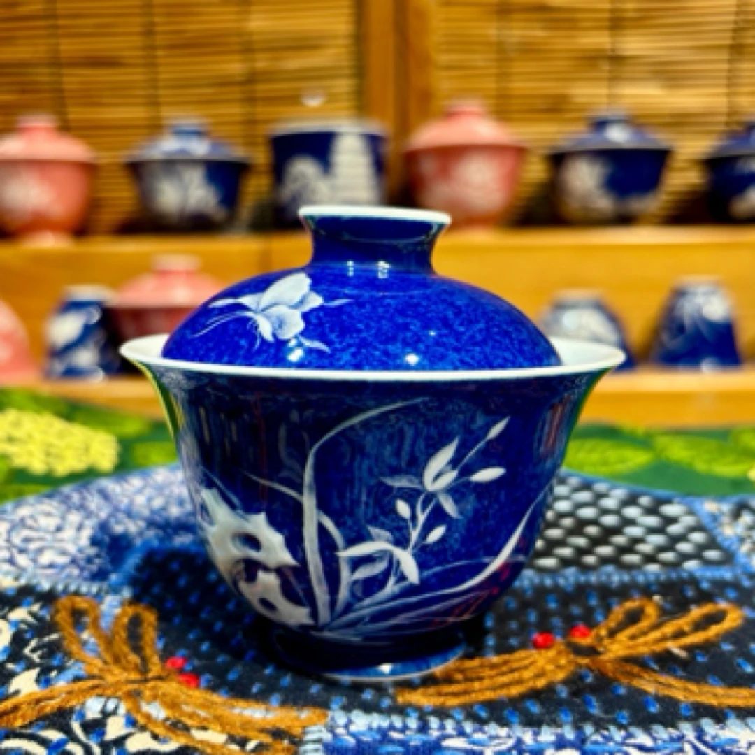 洒蓝堆白兰花盖碗 景德镇全手工茶器