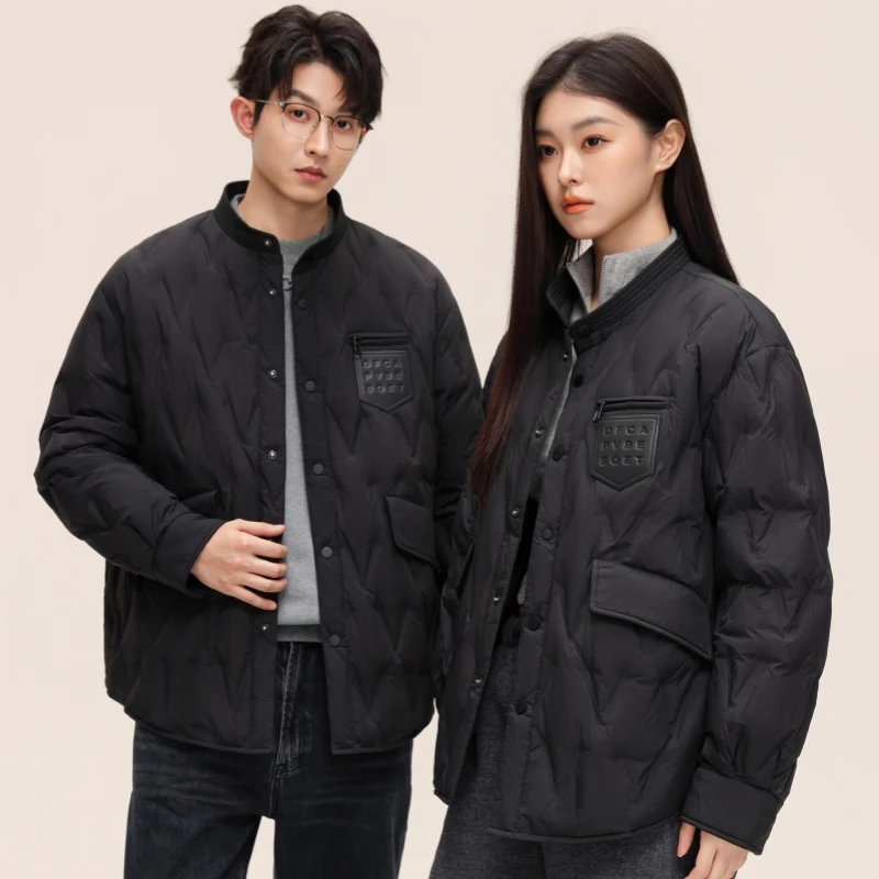 时尚轻奢菱形格立领羽绒服男女同款秋冬轻薄保暖白鸭绒外套上衣潮