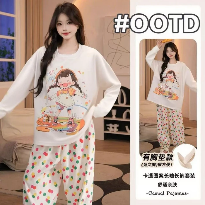 新款秋冬卡通睡衣带胸垫女士可外穿居家服云朵棉长袖长裤冬季套装