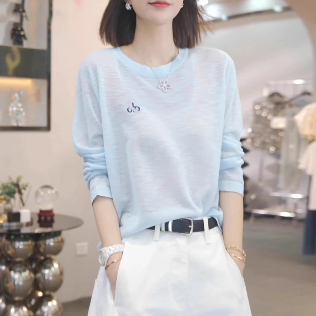 芯娇晴蓝色冰丝薄款防晒t恤女夏空调罩衫2025年新款韩系宽松上衣