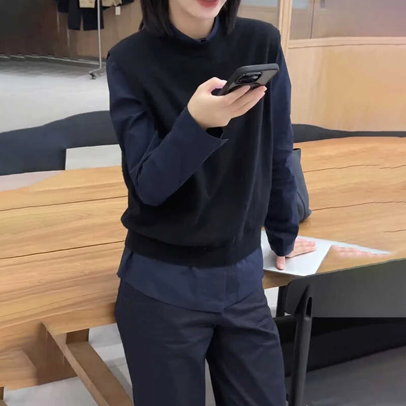 M272+5831秋季穿搭韩版别致高级感无袖马甲简约风长袖衬衫两件套