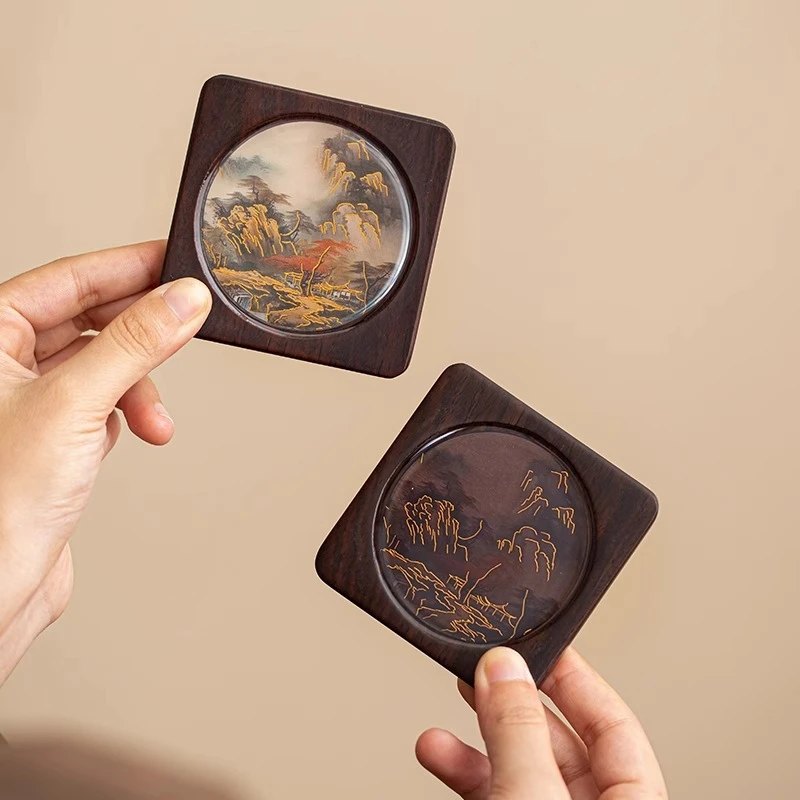 黑檀木实木中国风变色茶杯垫组合品茗茶托垫套组隔热垫手工水杯垫