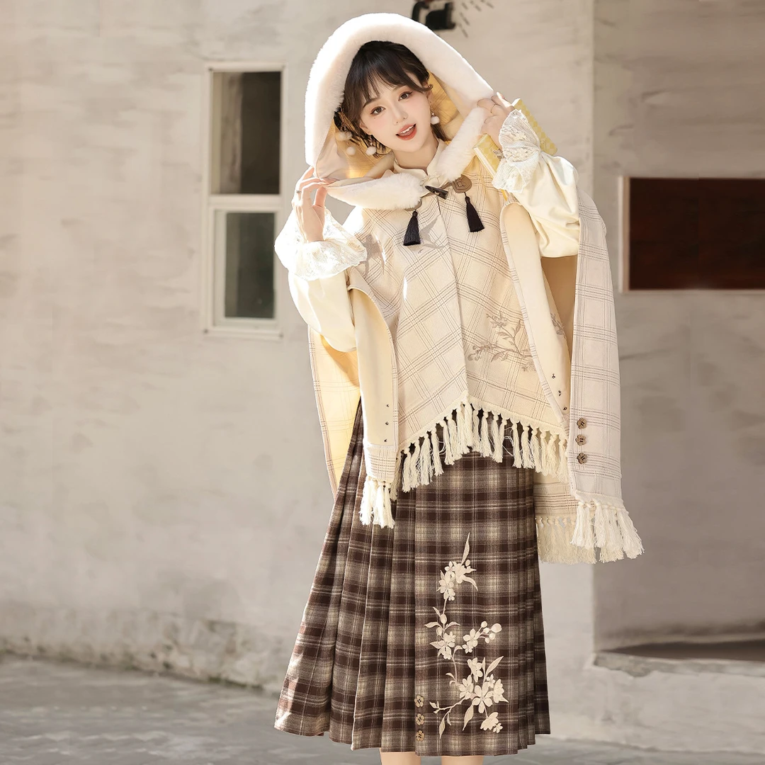 【暖秋】汉服女装中国风改良汉元素斗篷上衣半裙套装秋冬格子针织