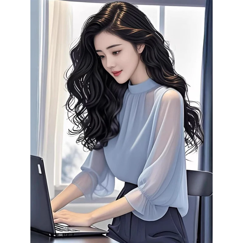 蓝色雪纺衬衫中袖女2025夏季新款设计感小众优雅显瘦衬衣上衣