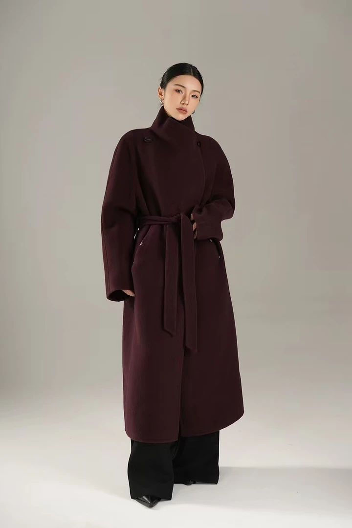 天丝绵羊毛~高级感气质立领系带羊毛大衣长款外套秋冬新款女6275