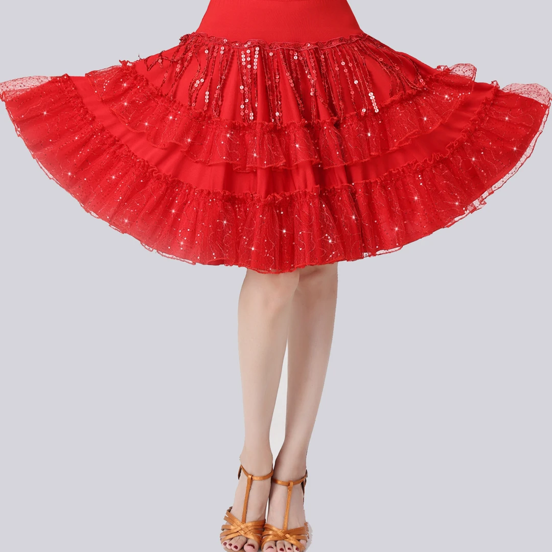 新款亮片花边大摆跳舞半身裙跳广场交谊三步踩吉特巴演出裙子