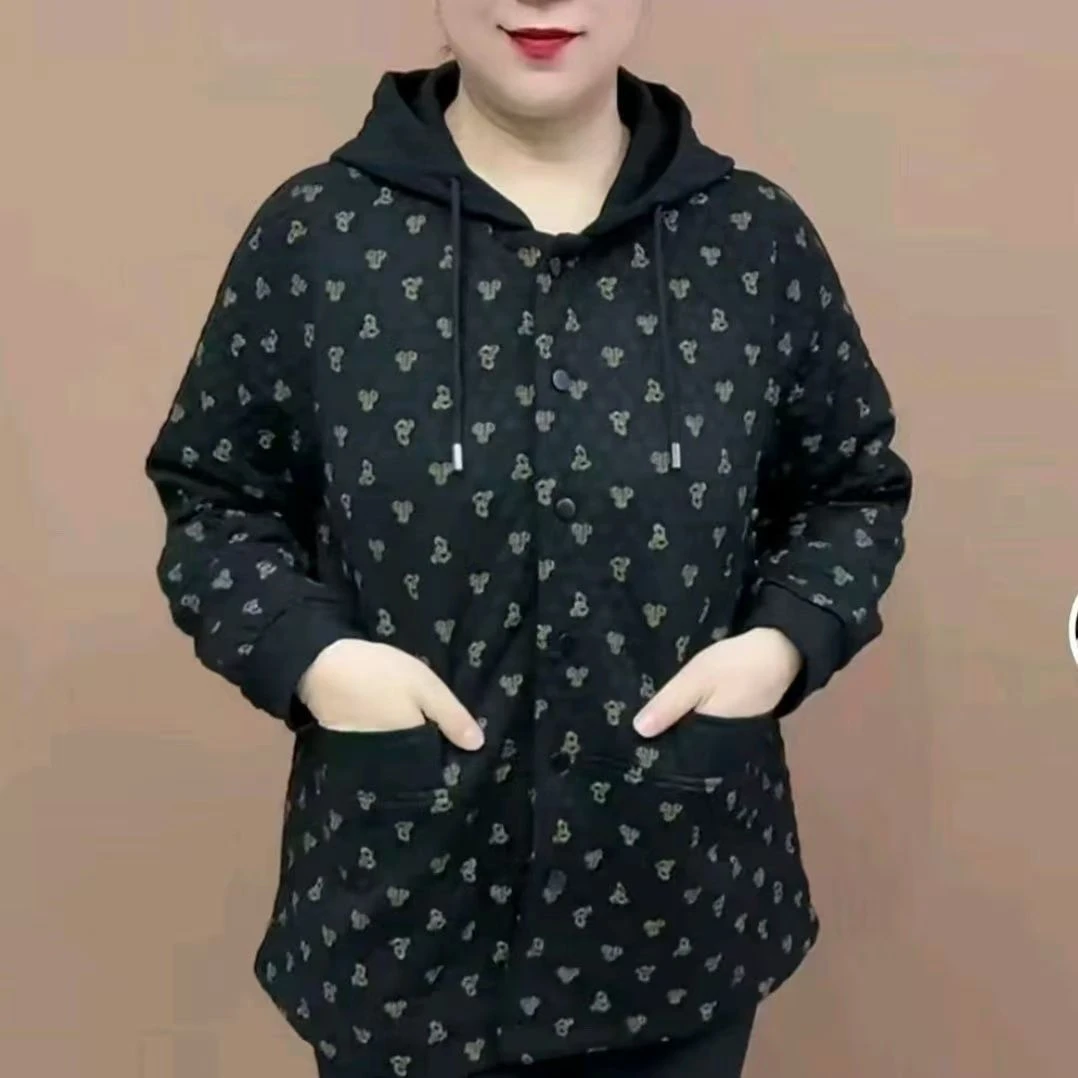 中年妈妈中长款外套洋气2025新款加棉加厚连帽上衣加肥加大大码