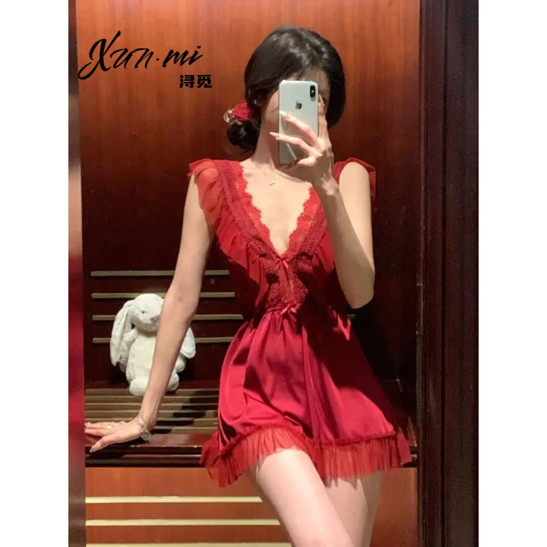 浔觅/Xunmi 比利弗少女 · 波佩亚红色露背睡衣显瘦吊带睡裙居家服