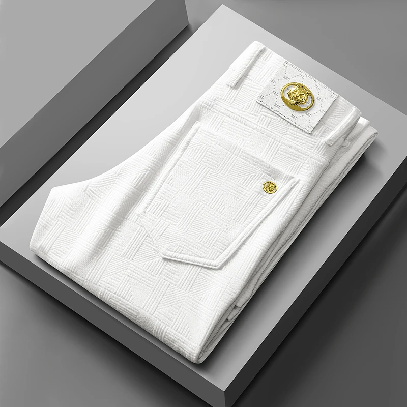 冬季秋冬男裤时尚百搭直筒冬季男裤休闲裤白色加绒男提花休闲裤