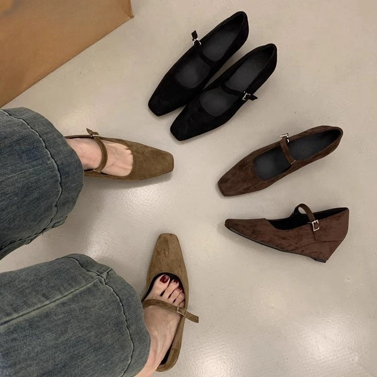 UHCK法式复古方头一字扣带绒面玛丽珍鞋气质高跟鞋百搭通勤坡跟单